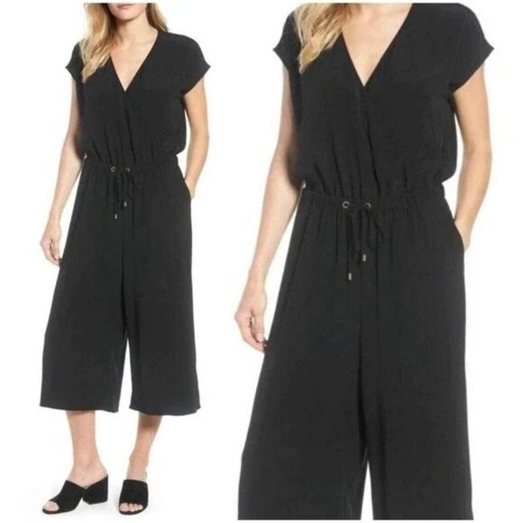 EILEEN FISHER Womens Brown Pocketed Cropped Short Sleeve V Neck Wide Leg Jumpsuit main image 1